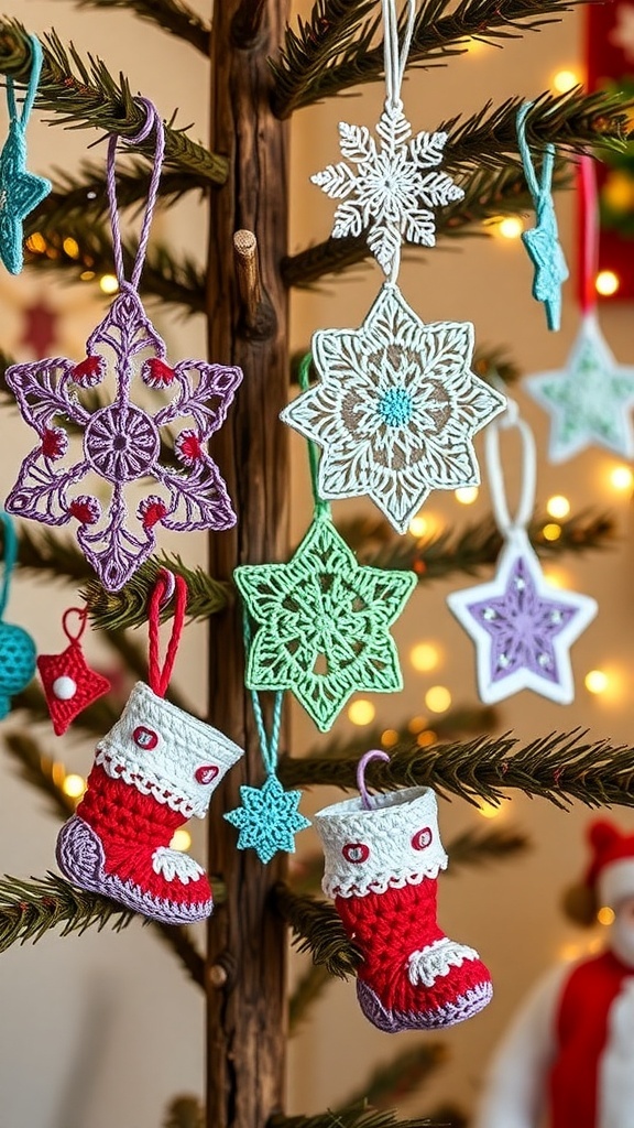 Handmade crochet Christmas decorations including snowflakes, stars, and stockings on a wooden tree with fairy lights.